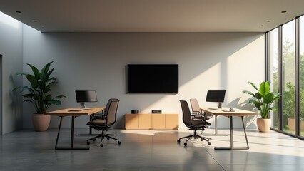 A cutting-edge office space with sleek desks, high-tech equipment, and minimalist decor for a professional yet comfortable environment