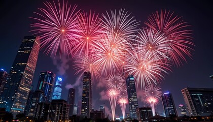 Naklejka premium Spectacular Fireworks Display Over Modern Cityscape at Night