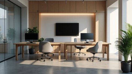 A cutting-edge office space with sleek desks, high-tech equipment, and minimalist decor for a professional yet comfortable environment
