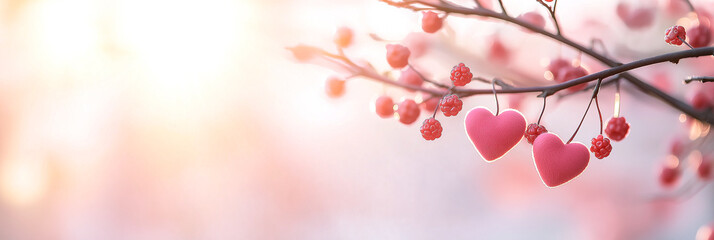 Fototapeta premium Two pink heart shaped decorations hang from branch adorned with berries, creating romantic atmosphere perfect for Valentine Day. soft background adds dreamy touch