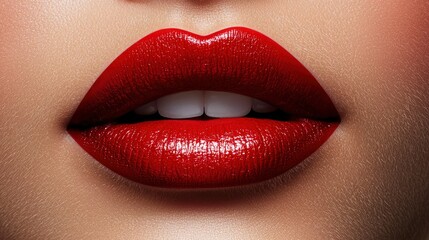 Obraz premium Close up of luscious red lips with glossy finish
