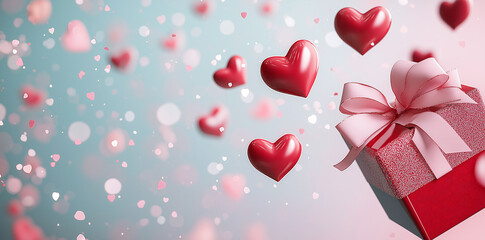 beautifully wrapped gift box surrounded by floating hearts and confetti creates romantic atmosphere, perfect for Valentine Day celebrations
