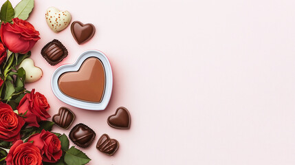 Delightful heart shaped cho te box surrounded by red roses and assorted cho tes, perfect for Valentine Day celebrations