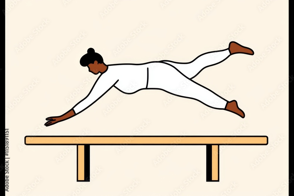 Poster a clean illustration of a gymnast mid-leap on a balance beam, drawn with simple lines and soft paste
