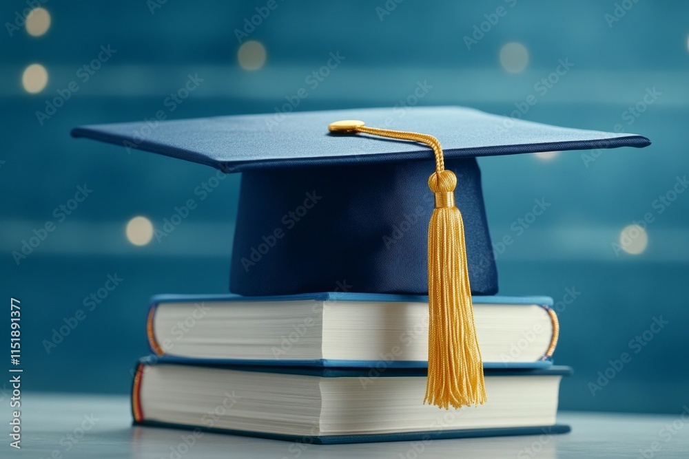 Aufkleber A close-up of a graduation cap with a golden tassel, resting on a stack of books, surrounded by soft sunlight streaming through a window
