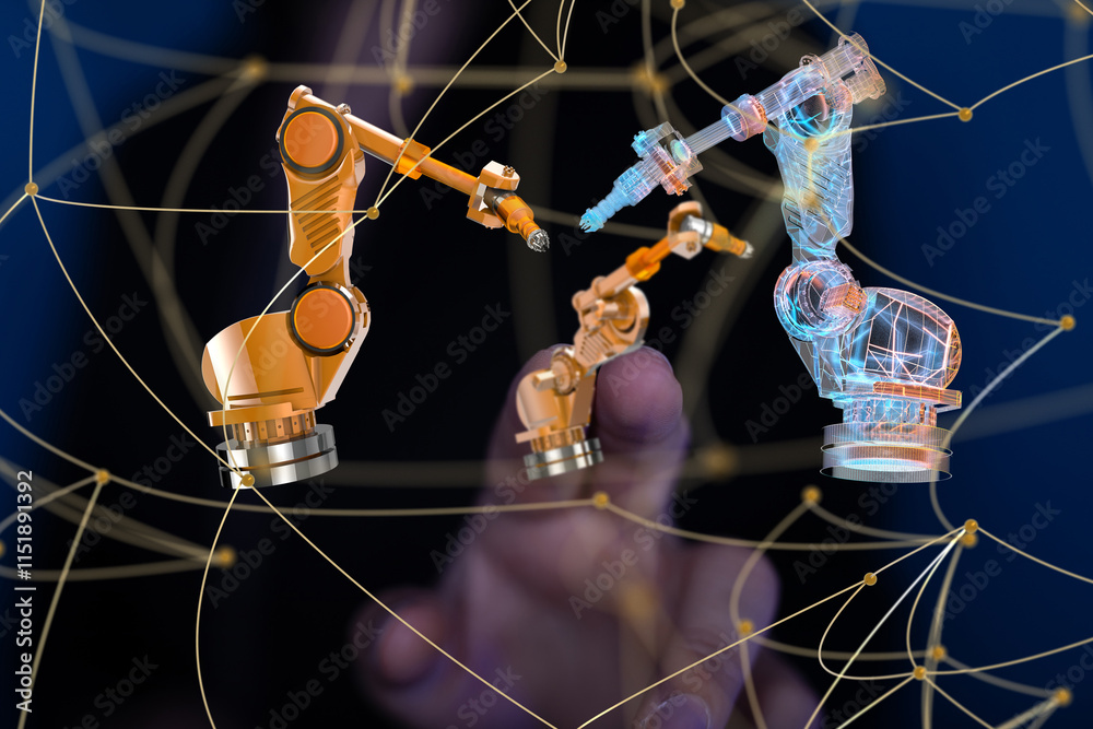 Poster Neural network 3D illustration. Big data and cybersecurity
