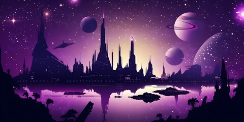 A cosmic landscape featuring a silhouette of a city against a starry purple sky.