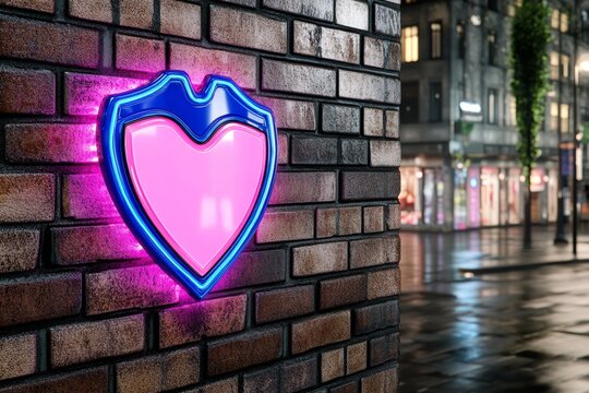 A neon-lit guarantee badge glowing in vibrant pink and blue, integrated into a futuristic urban advertisement