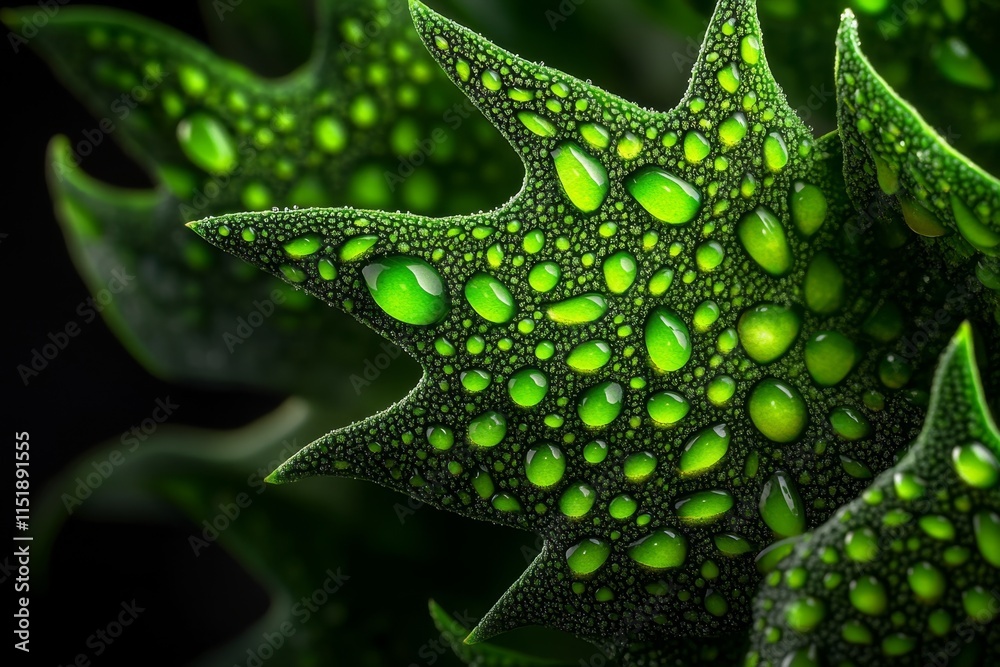 Poster a close-up of a green leaf with intricate veins, covered in tiny water droplets reflecting soft ligh