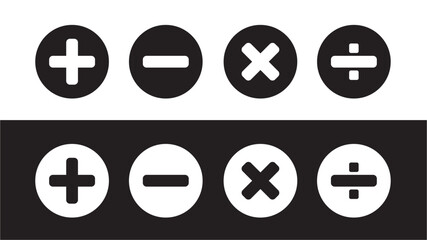 White and black vector icon of plus minus multiply and divide sign symbol set for application and website of calculation concept.