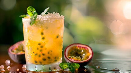 Fototapeta premium Refreshing Passion Fruit Cocktail with Mint and Ice Garnish