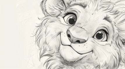 A cute pencil drawing of a smiling lion with a fluffy, round mane and a friendly expression.