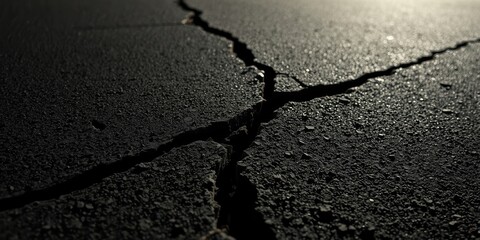 Obraz premium A Crack in the Pavement, a Close-Up View of a Deep Fissure in Asphalt, Revealing the Textured Surface and the Effects of Wear and Tear