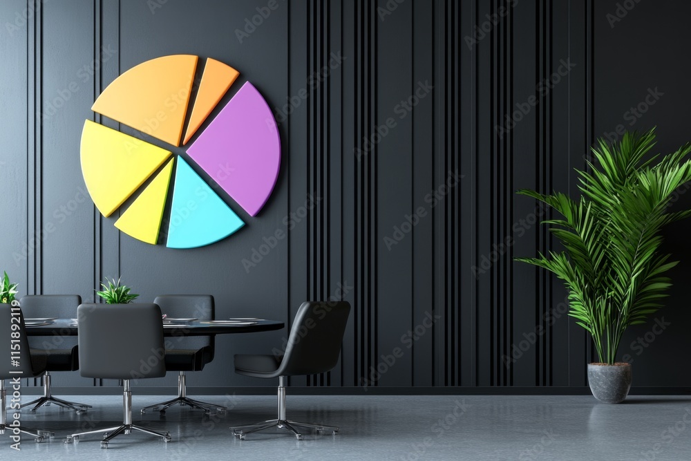 Poster A colorful 3D pie chart on a presentation slide, surrounded by data labels and bullet points, set in a modern meeting room