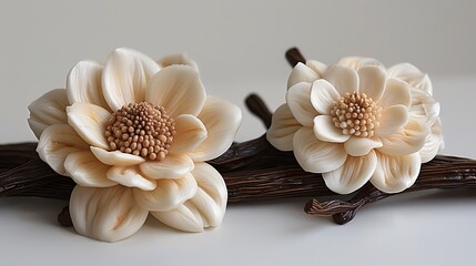 A pair of decorative flower-shaped pieces, one white like a dahlia and the other beige like a rose, delicately positioned on a branch for an elegant touch.

