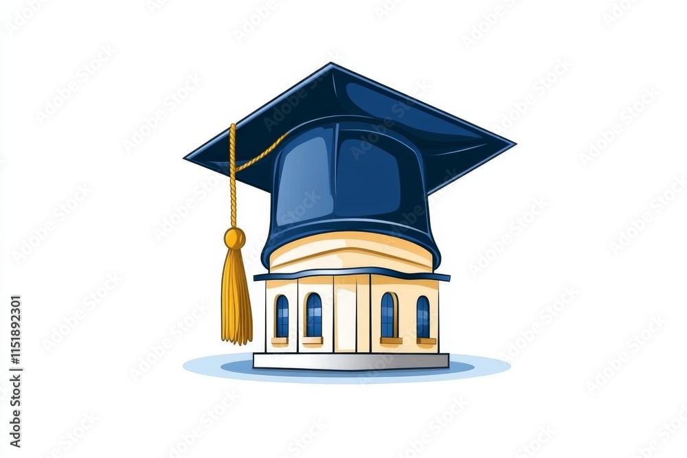 Poster a conceptual design of a graduation cap icon in flat vector style, with bold geometric shapes and a 