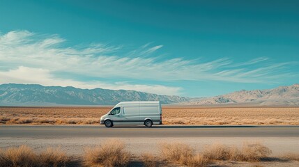 White Van Drives Across Desert Landscape Under Blue Sky