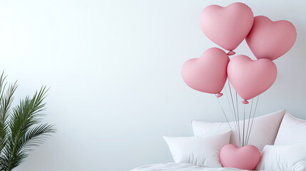 Heart shaped pink balloons float above cozy bed adorned with soft white pillows, creating romantic and cheerful atmosphere perfect for celebrations