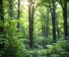 blurred green foliage in a forest scene with an abstract bokeh blur effect, atmosphere, natural