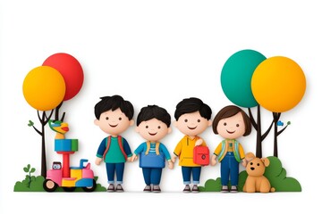 Fototapeta premium A playful 2D illustration of a group of kids playing in a park, surrounded by colorful toys and trees, drawn in cheerful tones on a white background