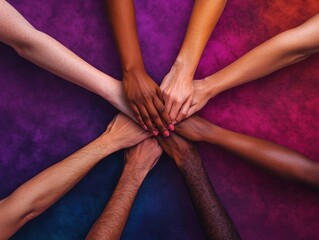 Diverse hands united in a circle, symbolizing unity, cooperation, and diversity in a colorful and vibrant setting.