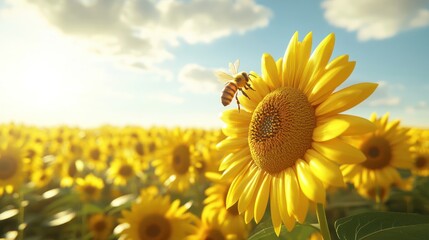 Obraz premium Bee pollinating sunflower in a field at sunset. (1)