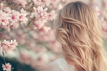 Fototapeta premium Beautiful woman with long hair in soft focus standing among blooming cherry blossoms, evoking a sense of serenity and natural beauty in a springtime setting with delicate pink flowers.