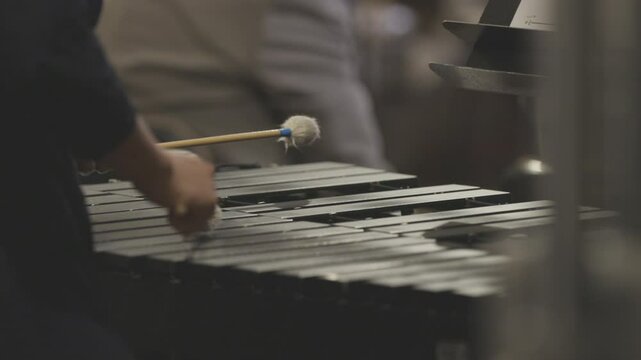 A percussionist playing the vibrophone with white mallets during a wind band live performance