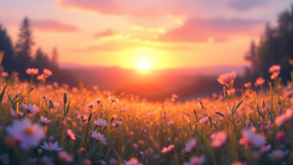 Sunset Over a Flower Field