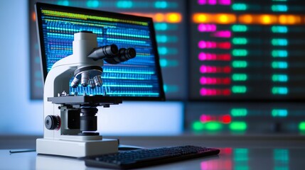 A computer screen displays colorful data while a microscope sits on a desk, showcasing the integration of artificial intelligence in biological research.