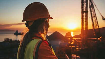 Sunset at the Construction Site: A Female Engineer's Silhouette