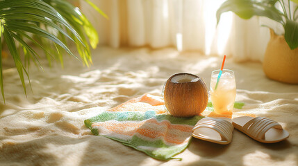 Coconut drink and sandals on a colorful striped beach towel