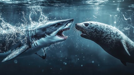Great White Shark and Seal Underwater Confrontation