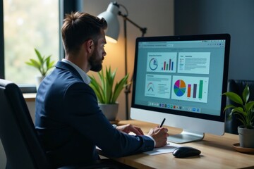 Businessman sitting at a desk with a computer screen displaying document management software , DMS, workspace