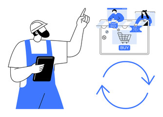 Worker holding a tablet points at a screen with online shopping elements including BUY, cash back, and pending percentages. Ideal for e-commerce, process automation, digital transactions, logistics