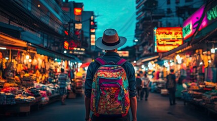 Obraz premium A traveler with a colorful backpack exploring a bustling urban street, surrounded by market stalls and neon lights.