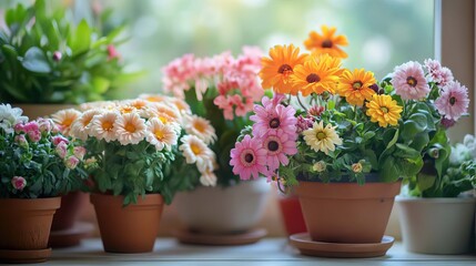 various types of beautiful flowers in one pot