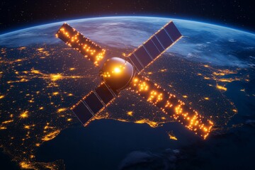 Obraz premium A satellite orbiting the Earth, transmitting GSM signals down to visible cell towers and devices in various regions