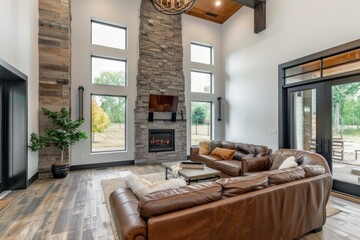 Fototapeta premium Cozy and stylish living room featuring high ceilings, a stone fireplace, and comfortable leather furniture, creating a welcoming atmosphere