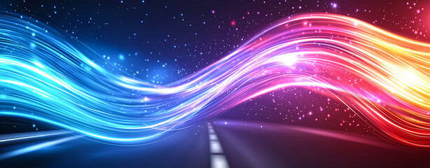 Vibrant abstract background with glowing light waves in blue and red, creating dynamic and energetic atmosphere. Perfect for digital art and design projects