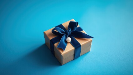 A single gift box adorned with a navy blue ribbon and a pearl accent, set against a vibrant blue backdrop.
