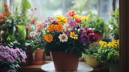 Obraz premium various types of beautiful flowers in one pot