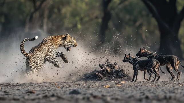 Leopard Attacks African Wild Dogs During Prey Dispute