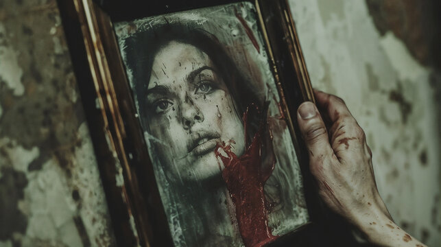 Haunting reflection in broken mirror shows woman's face with blood spatter and scratches, creating eerie horror atmosphere in abandoned setting with dirty wall background