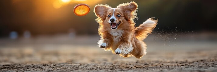 Dog jumps joyfully in pursuit of frisbee during sunset at a park