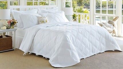 White Quilted Bedspread  Bedroom Decor  Coastal View