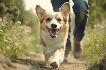 Happy dog joyfully runs to its owner on a sunny day along a dirt path in a green field