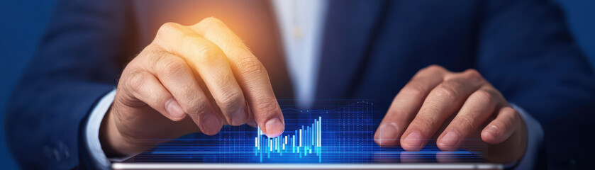 businessman interacts with digital tablet displaying financial data and graphs, showcasing modern technology in business