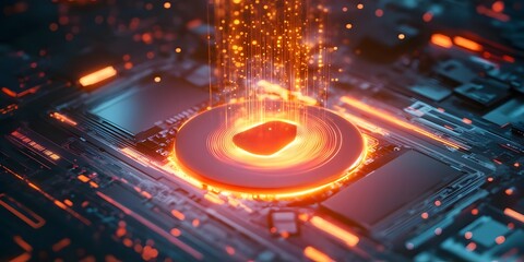 A futuristic circuit board with glowing elements and dynamic sparks.