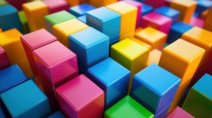 Obraz premium Abstract Colorful Cubes: A vibrant 3D rendering of stacked glossy cubes in various colors, creating a dynamic and playful visual pattern. Ideal for backgrounds or design inspiration.
